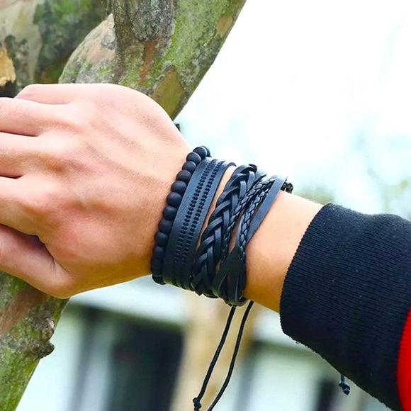 Men’s Genuine Leather Layered Bracelet - Picture 1 of 5